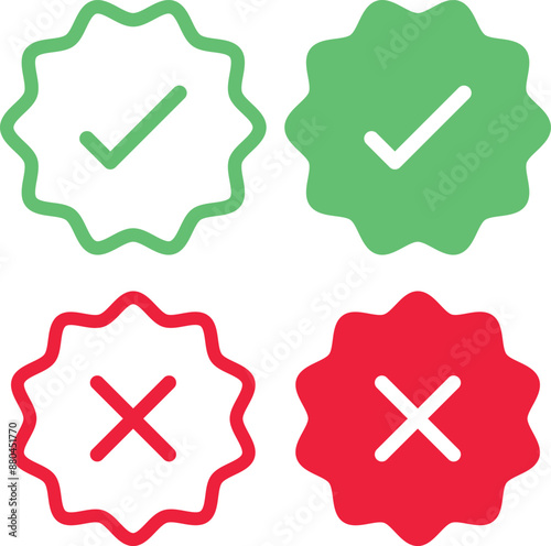 Set of red, green and yellow check mark icons, Right icon with green, Wrong icon to say no or refuse the require,