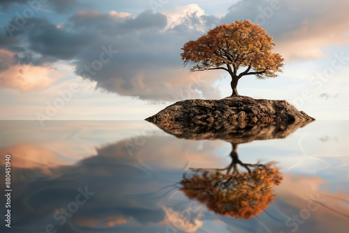 Background. Árbol Solitario en un Lago Tranquilo. Naturaleza en Calma photo