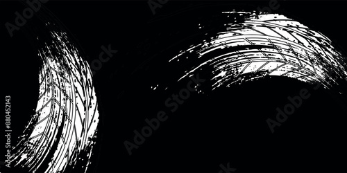 Tire tread marks, wheel textures, tire marks - car racing, motocross, drift, rally, off-road and others. Vector black isolated texture in grunge style with splashes.