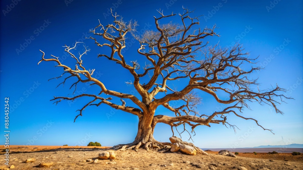 A withered, barren, dry branch tree stands solitary, its gnarled limbs stretched towards a desolate, cloudless blue sky backdrop. A withered, barren, dry branch tree stands solitary, its gnarled limbs stretched towards a desolate, cloudless blue sky backdrop.