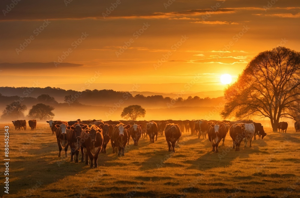 Herd of cows cattle walks through field at sunset setting Herd of cows cattle walks through field at sunset setting