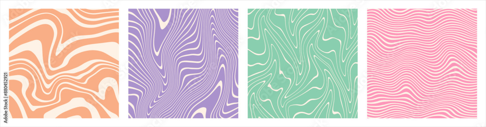 Hand drawn funky groovy hippie backgrounds patterns set. Marble stains, winding fluid wavy lines. Distorted curved uneven stripes, warped streaks, doodle artistic waves. Square templates collection Hand drawn funky groovy hippie backgrounds patterns set. Marble stains, winding fluid wavy lines. Distorted curved uneven stripes, warped streaks, doodle artistic waves. Square templates collection