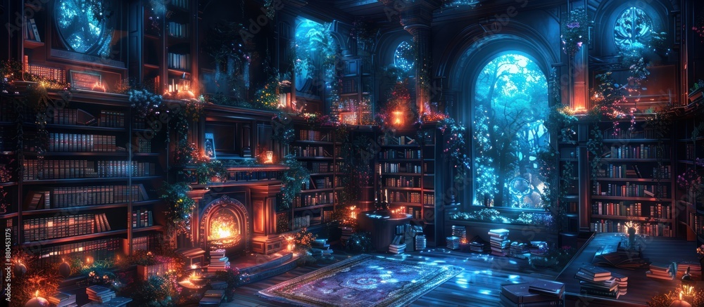 Obraz premium Enchanted Library with Fire and Moonlight