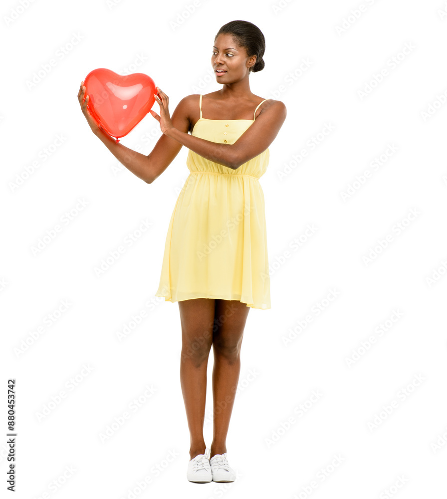 Woman, surprised or heart balloon in studio for valentines day celebration, anniversary date or romance. Black person, shock or gift from secret admirer, love or honeymoon present on white background Woman, surprised or heart balloon in studio for valentines day celebration, anniversary date or romance. Black person, shock or gift from secret admirer, love or honeymoon present on white background