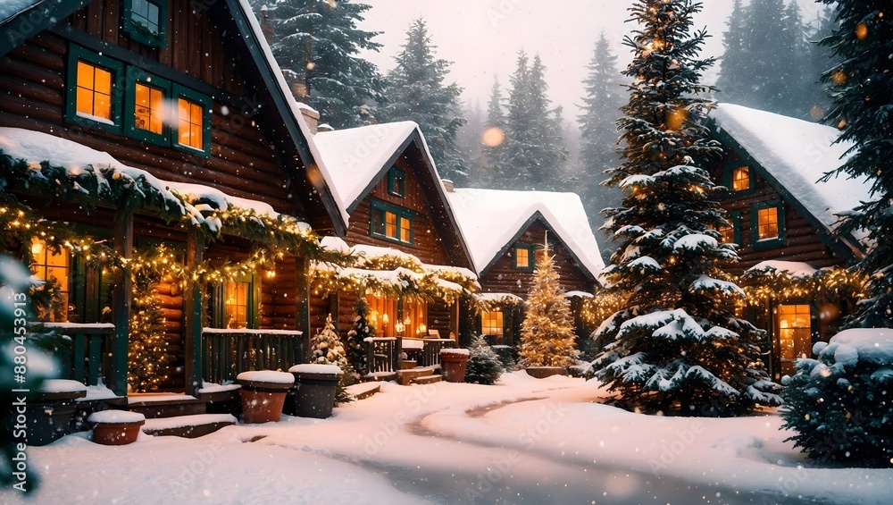 Fototapeta premium A cozy wooden house in a snowy forest with Christmas decorations, a Christmas tree in a festive city, and a charming holiday cabin surrounded by nature 