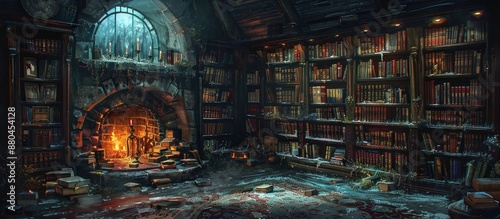Cozy Library with a Fireplace