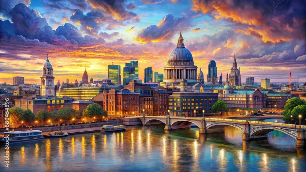 Naklejka premium Vibrant oil painting depicts majestic London skyline at dusk with majestic St Paul's Cathedral and iconic River Thames scenery.