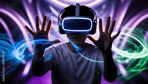 A person using virtual reality goggles, immersed in a digital world
 photo