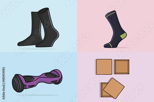 Collection of Hoverboards, Socks, Boxes, and vector designs.