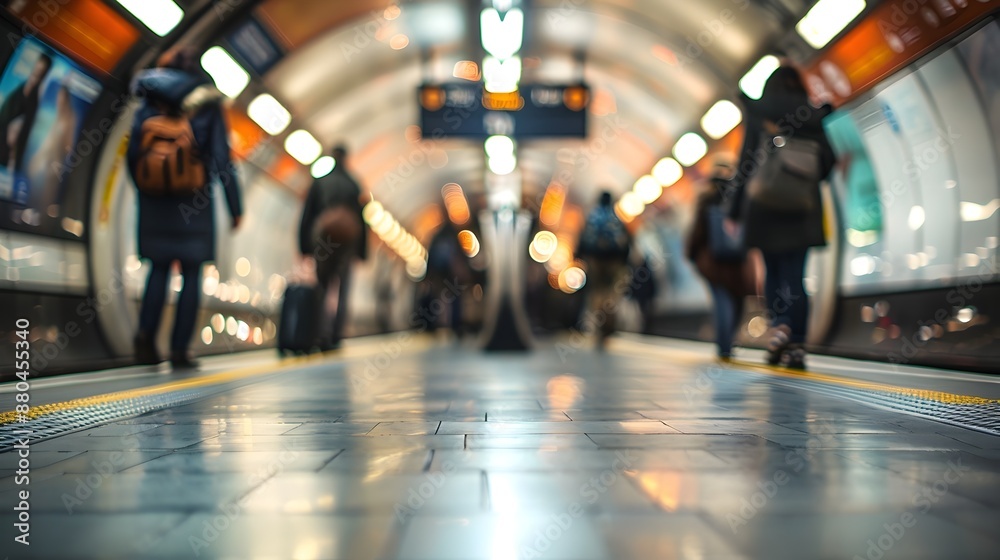 Fototapeta premium Blurred View of Bustling London Tube Station with Commuters and Signage
