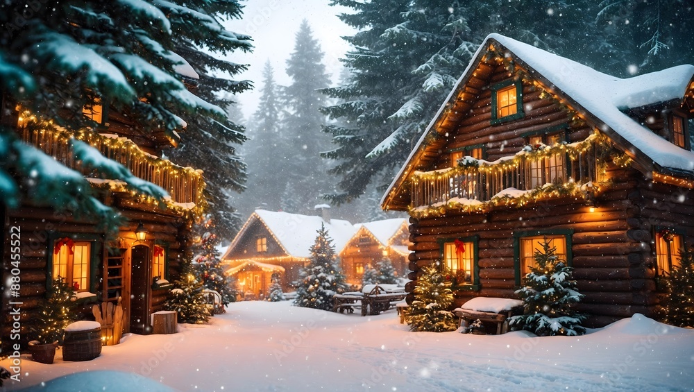 A cozy wooden house in a snowy forest with Christmas decorations, a Christmas tree in a festive city, and a charming holiday cabin surrounded by nature