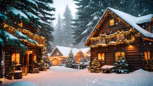 A cozy wooden house in a snowy forest with Christmas decorations, a Christmas tree in a festive city, and a charming holiday cabin surrounded by nature