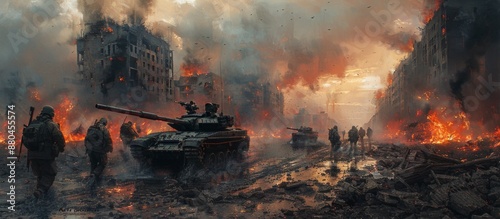 Soldiers in a War-Torn City with Tanks and Burning Buildings at Sunset