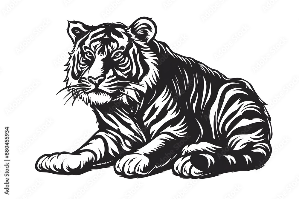 Fototapeta premium Hand drawn tiger silhouette in a minimal style. Black and white graphic illustration isolated on white background