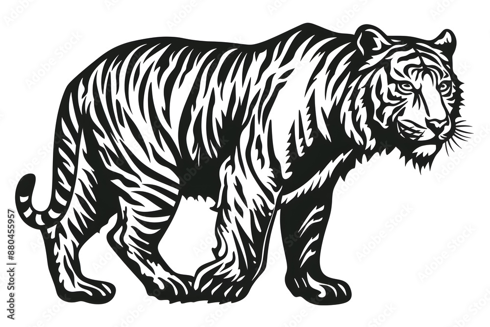 Obraz premium Hand drawn tiger silhouette in a minimal style. Black and white graphic illustration isolated on white background