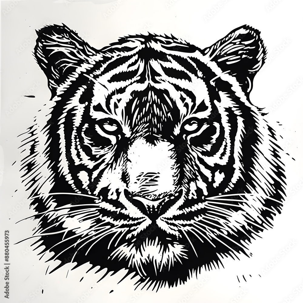 Fototapeta premium Hand drawn tiger silhouette in a minimal style. Black and white graphic illustration isolated on white background