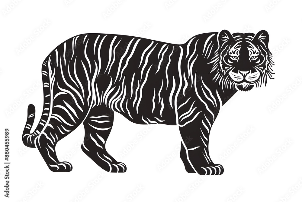 Obraz premium Hand drawn tiger silhouette in a minimal style. Black and white graphic illustration isolated on white background