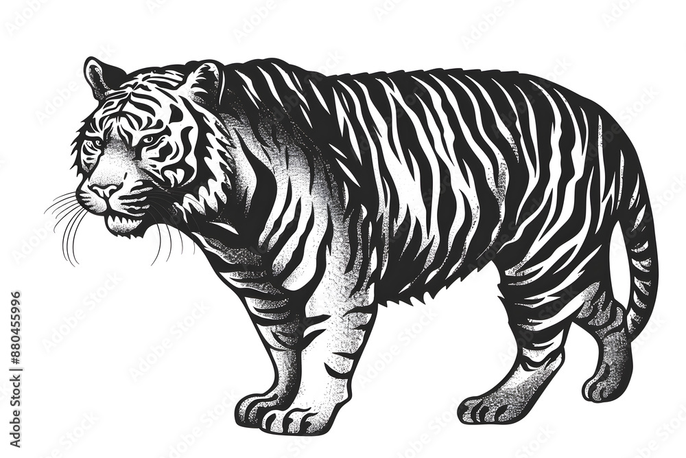 Obraz premium Hand drawn tiger silhouette in a minimal style. Black and white graphic illustration isolated on white background