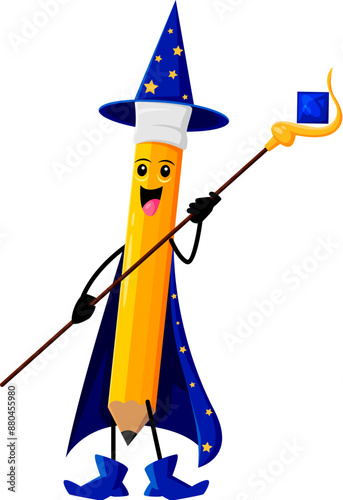 Cartoon Halloween pencil school stationery mage, wizard and witch character. Isolated vector playful personage, adorned in a magical astrologer robe and wielding a staff, ready for academic spells