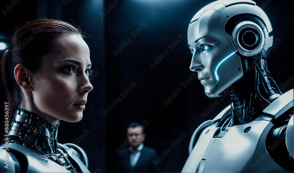 Robotics concept: Face to face, the robot's head is opposite the human's face. Robotics concept: Face to face, the robot's head is opposite the human's face.