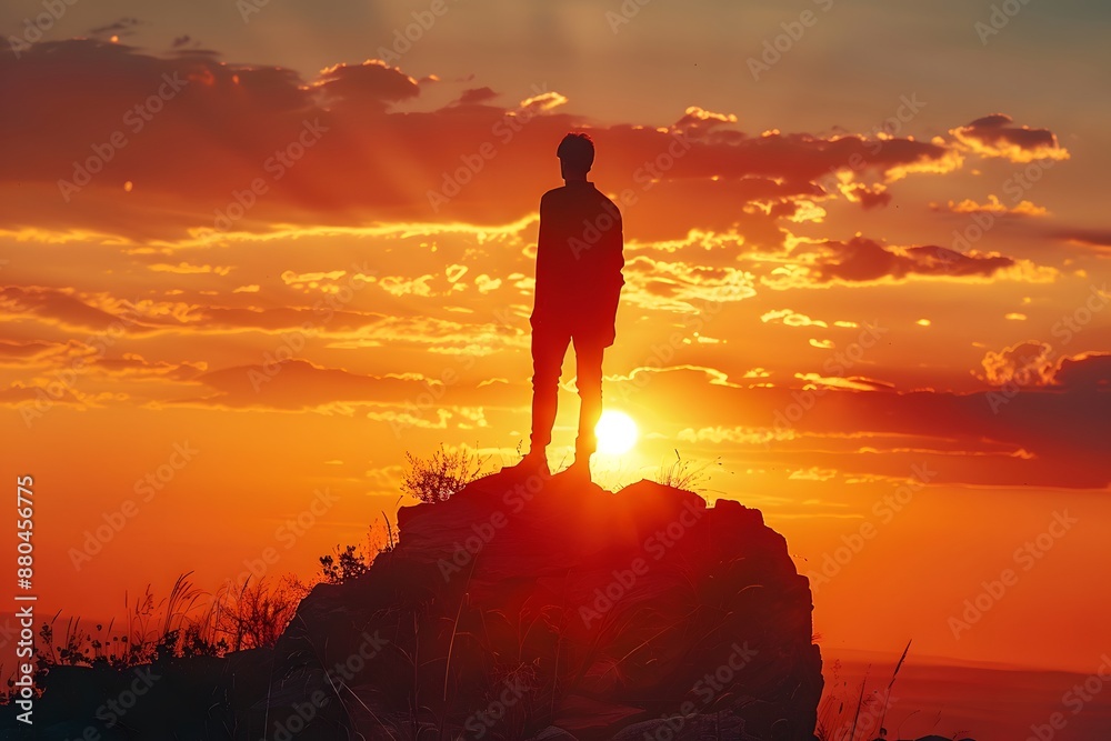 Obraz premium Silhouette of a Person Standing on a Rock During a Stunning Sunset