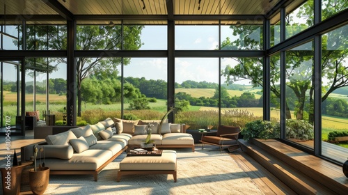 A contemporary sunroom with floor-to-ceiling windows, comfortable seating, natural wood accents, and a view of the surrounding landscape.