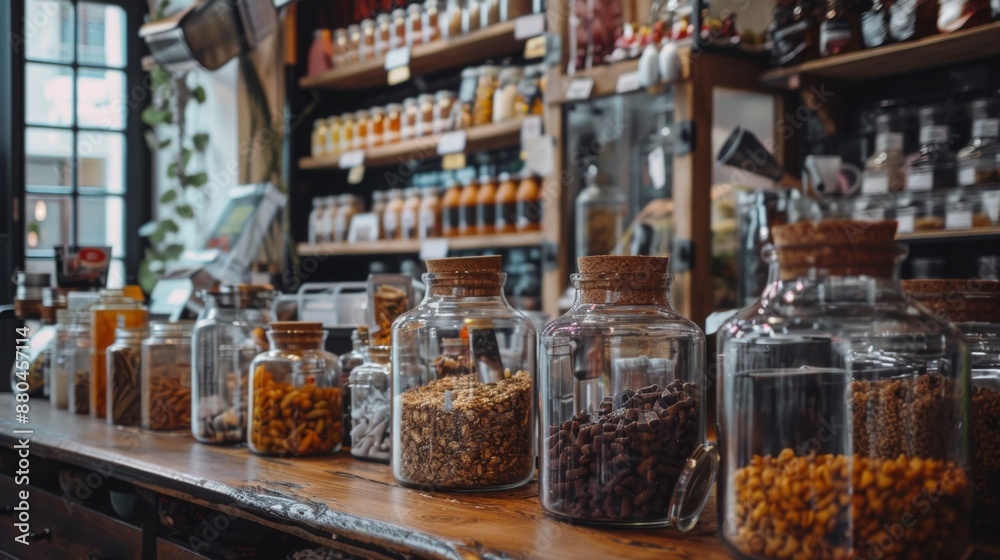 Jars of Spices and Herbs in Cozy Shop Jars of Spices and Herbs in Cozy Shop
