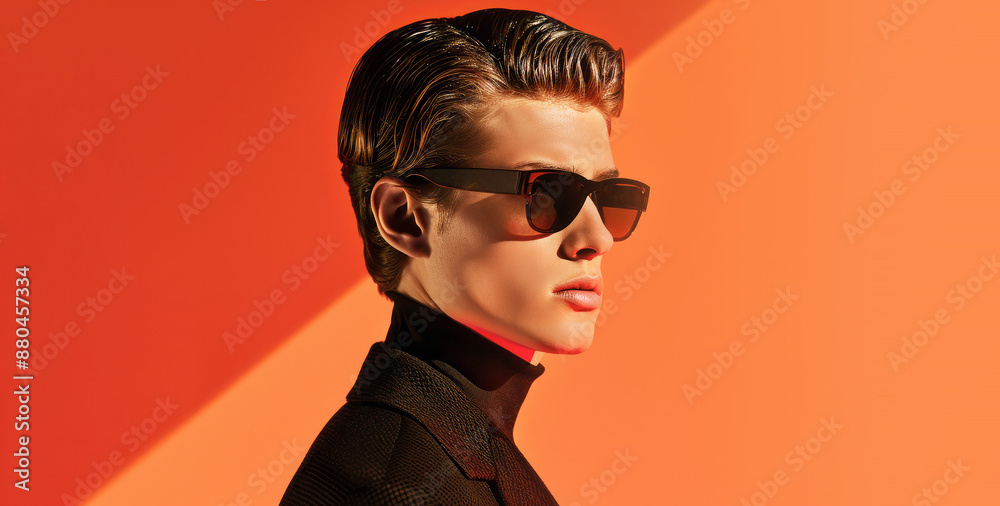 Fashion shooting man model in stylish luxury sunglasses on a minimalistic orange background. Ideal advertising for accessories eyewear stores. Fashion shooting man model in stylish luxury sunglasses on a minimalistic orange background. Ideal advertising for accessories eyewear stores.