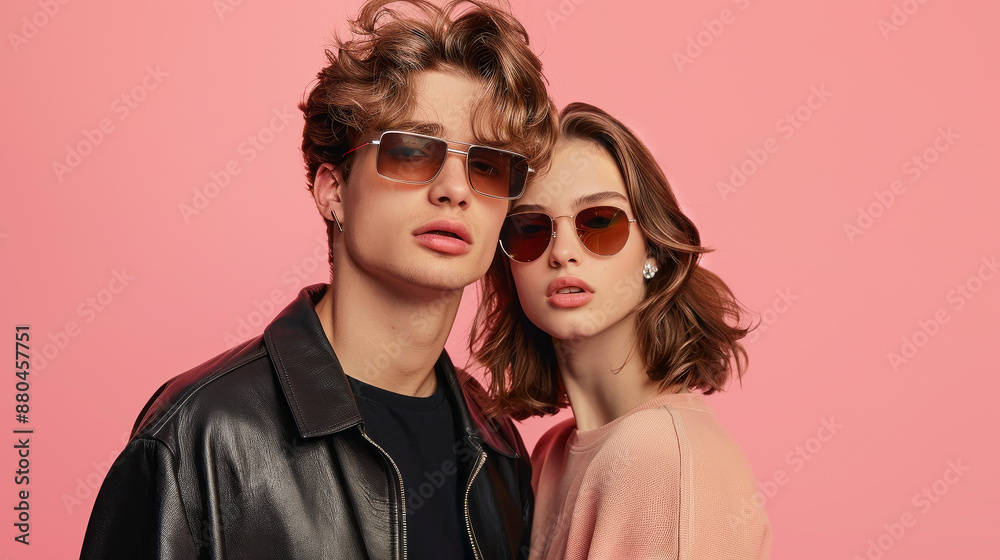 Fashion couple young models in stylish sunglasses on a minimalistic pink background. Ideal advertising for accessories eyewear stores. Fashion couple young models in stylish sunglasses on a minimalistic pink background. Ideal advertising for accessories eyewear stores.