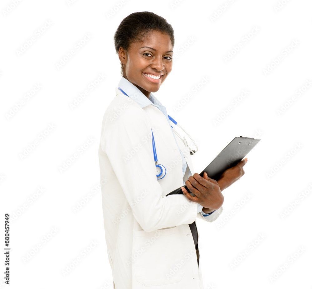 Health, portrait and woman in studio with clipboard for notes, medical information or paperwork on white background. Doctor, stethoscope and black person for insurance report, script or admin Health, portrait and woman in studio with clipboard for notes, medical information or paperwork on white background. Doctor, stethoscope and black person for insurance report, script or admin