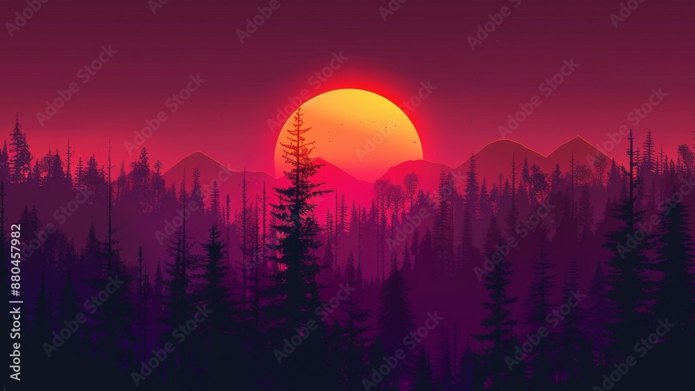 Obraz premium Silhouette of pine trees in the mountains at sunset, illustration.