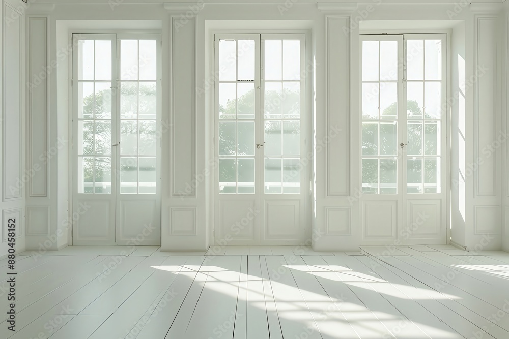Fototapeta premium Bright, airy room with a crisp white wall and a soft glare from French windows, perfect for a fresh, clean presentation backdrop