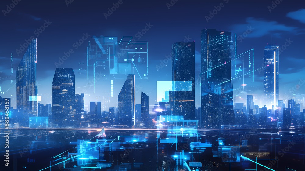 Obraz premium 3D, blue future city and traffic, light particles, technology and artificial intelligence