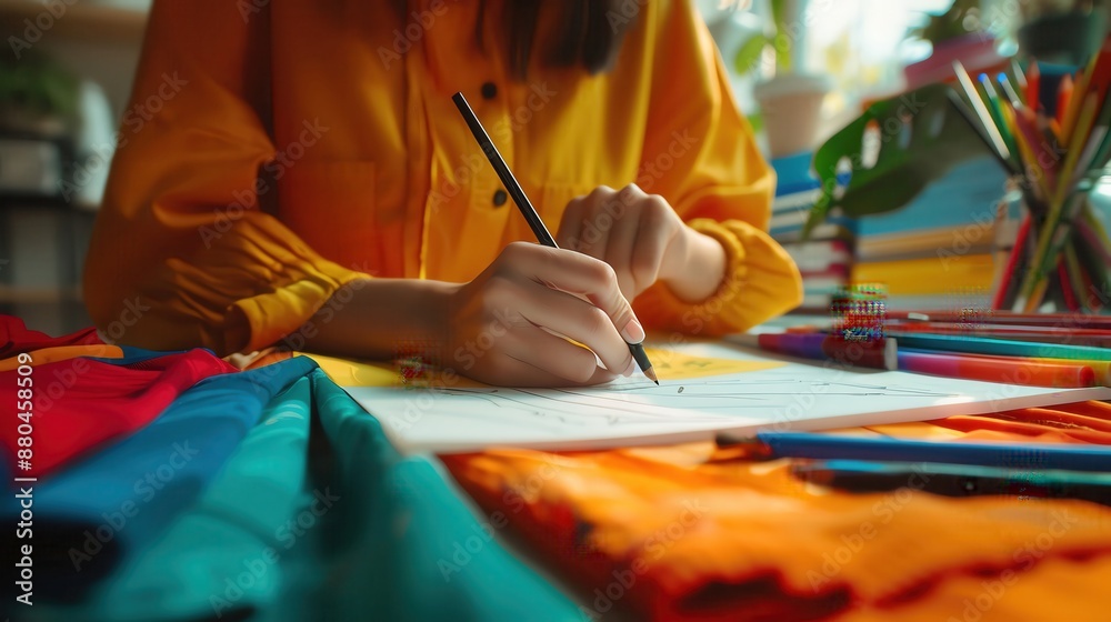 Obraz premium Designer sketching eco-friendly clothing line, selective focus, sustainable creativity, vibrant, multilayer, design studio backdrop