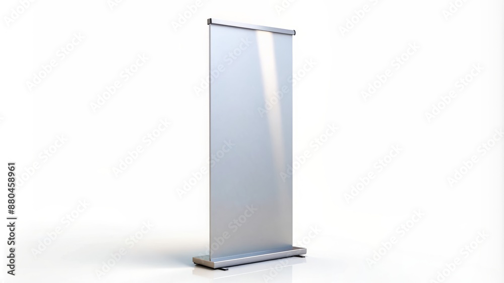 A solitary, vertically tall, retractable, sleek, modern, standup, exhibition display, banner printout, isolated on a pure white, empty background. A solitary, vertically tall, retractable, sleek, modern, standup, exhibition display, banner printout, isolated on a pure white, empty background.