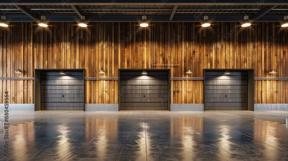 Empty Garage Bay With Wood Paneling and Overhead Lights Empty Garage Bay With Wood Paneling and Overhead Lights
