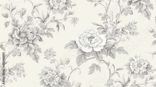 A vintage-style floral pattern in grey and white, reminiscent of traditional French toile designs, on an off-white background. seamless patterns. background.