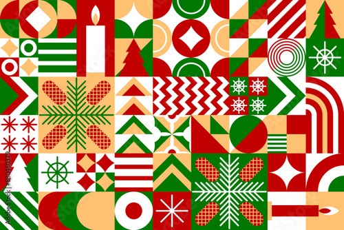 Modern Christmas abstract geometric background with holiday vector Bauhaus pattern. Retro simple mosaic pattern of Christmas tree, candle and snowflake or gift ribbon in Bauhaus geometric shape style