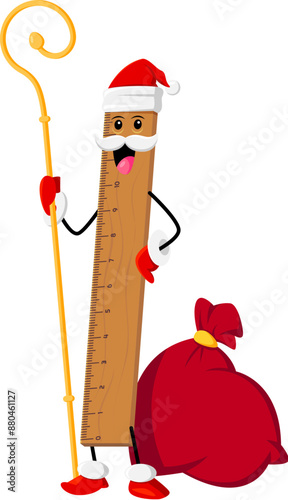 Cartoon Christmas ruler, school education item, stationery character. Isolated vector personage with Santa bag and staff bring academic cheer to holiday season with scholarly joy and magical merriment