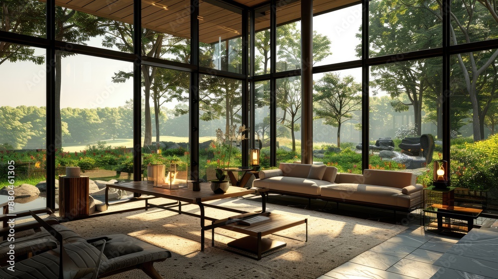 A contemporary sunroom with floor-to-ceiling windows, comfortable seating, natural wood accents, and a view of the surrounding landscape. A contemporary sunroom with floor-to-ceiling windows, comfortable seating, natural wood accents, and a view of the surrounding landscape.