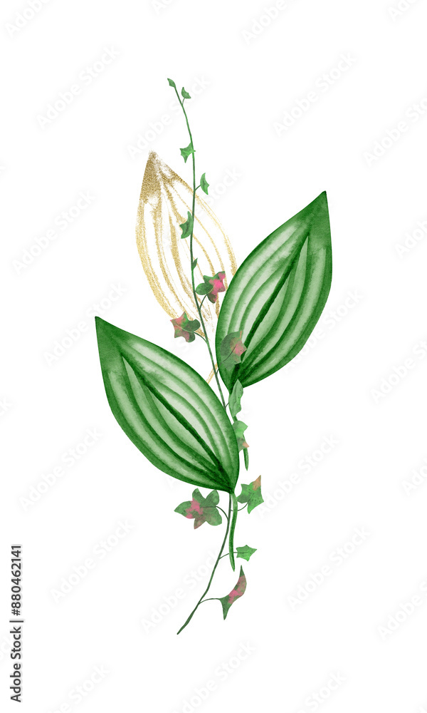 Watercolor clip art bouquet with tropical green and gold leaves, hand painting, scrapbooking, greeting cards