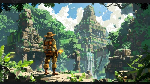 An immersive 90s video game adventure scene featuring an archaeologist exploring a dense jungle. The pixelated graphics showcase the archaeologist in a classic brown fedora and rugged outfit,