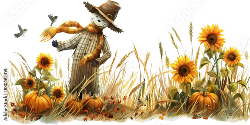 A cute scarecrow standing among sunflowers, pumpkins and wheat with birds on a white background