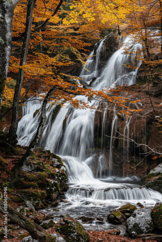beautiful waterfall with green tree, nature landscape