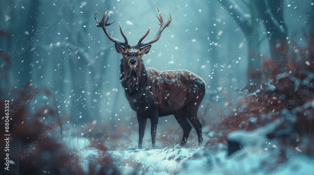 Fototapeta premium Majestic Deer in Winter Wonderland