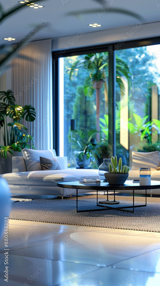 Fototapeta premium Experience a smart home interior where AI-powered devices blend into daily routines, offering seamless integration for enhanced living, Ai-centered world