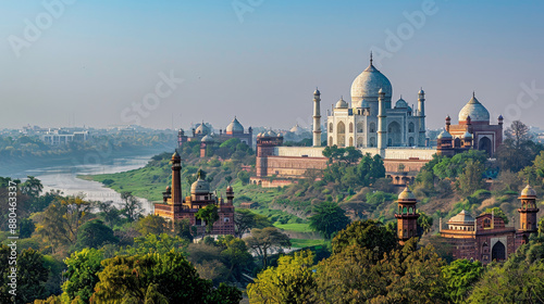 The skyline of the Taj Mahal in Agra, Uttar Pradesh, India.