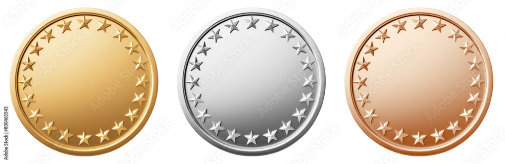 Set of blank golden, silver, bronze awards with scalloped edges and stars around the perimeter. First, second, third place medals isolated Set of blank golden, silver, bronze awards with scalloped edges and stars around the perimeter. First, second, third place medals isolated