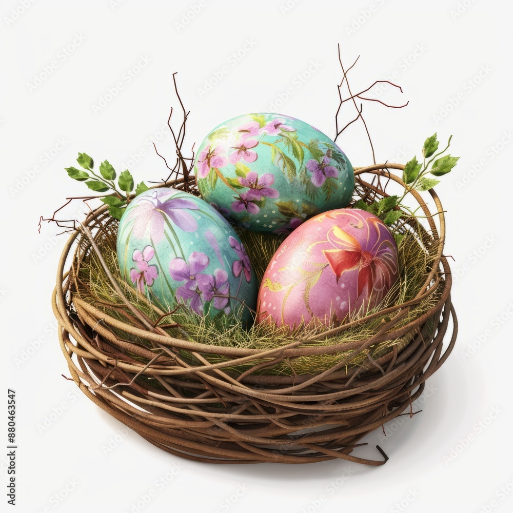 Obraz premium Three Painted Eggs in a Birds Nest