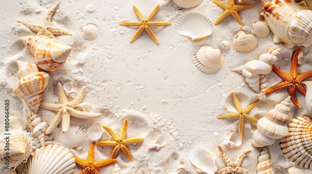 many shells and starfish on white sand with beautiful ocean background many shells and starfish on white sand with beautiful ocean background